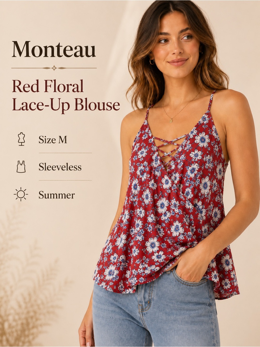 Monteau Red Floral‎ Lace-Up Deep V-neck Ruffle Sleeveless Blouse M